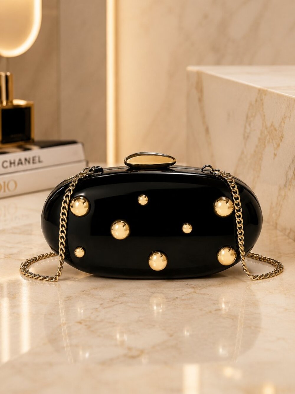 A new day Black Glossy Hard Shell Clutch Gold Studs Evening Bag OS